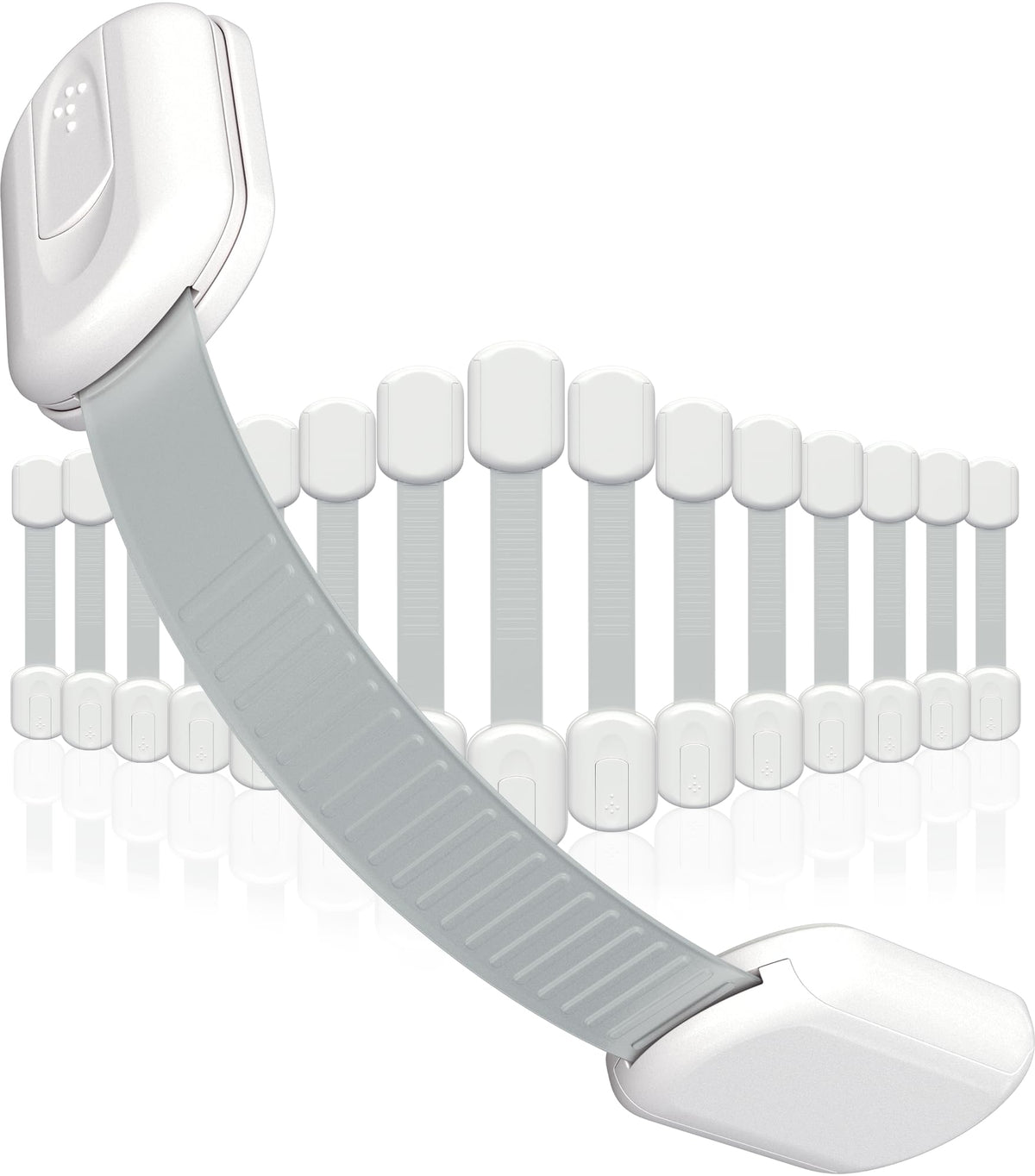 Skyla Homes front packaging showing 16 white cabinet locks and compact design benefit
