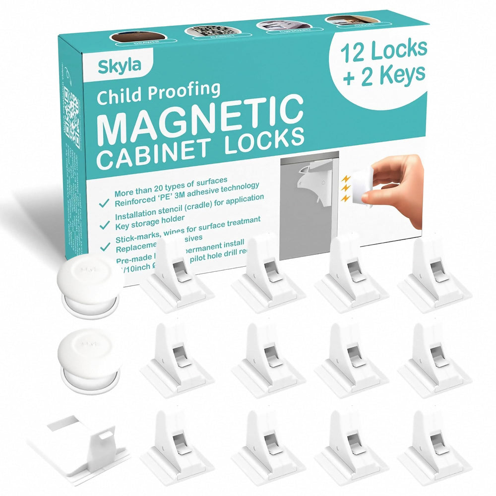 Skyla Homes front packaging showing white 12‑pack locks, easy childproofing