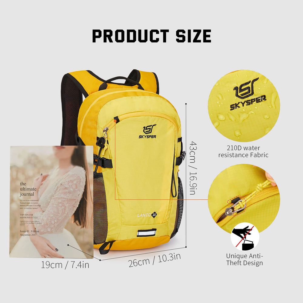 SKYSPER next to water bottle and jacket to show 20L capacity and practical size comparison