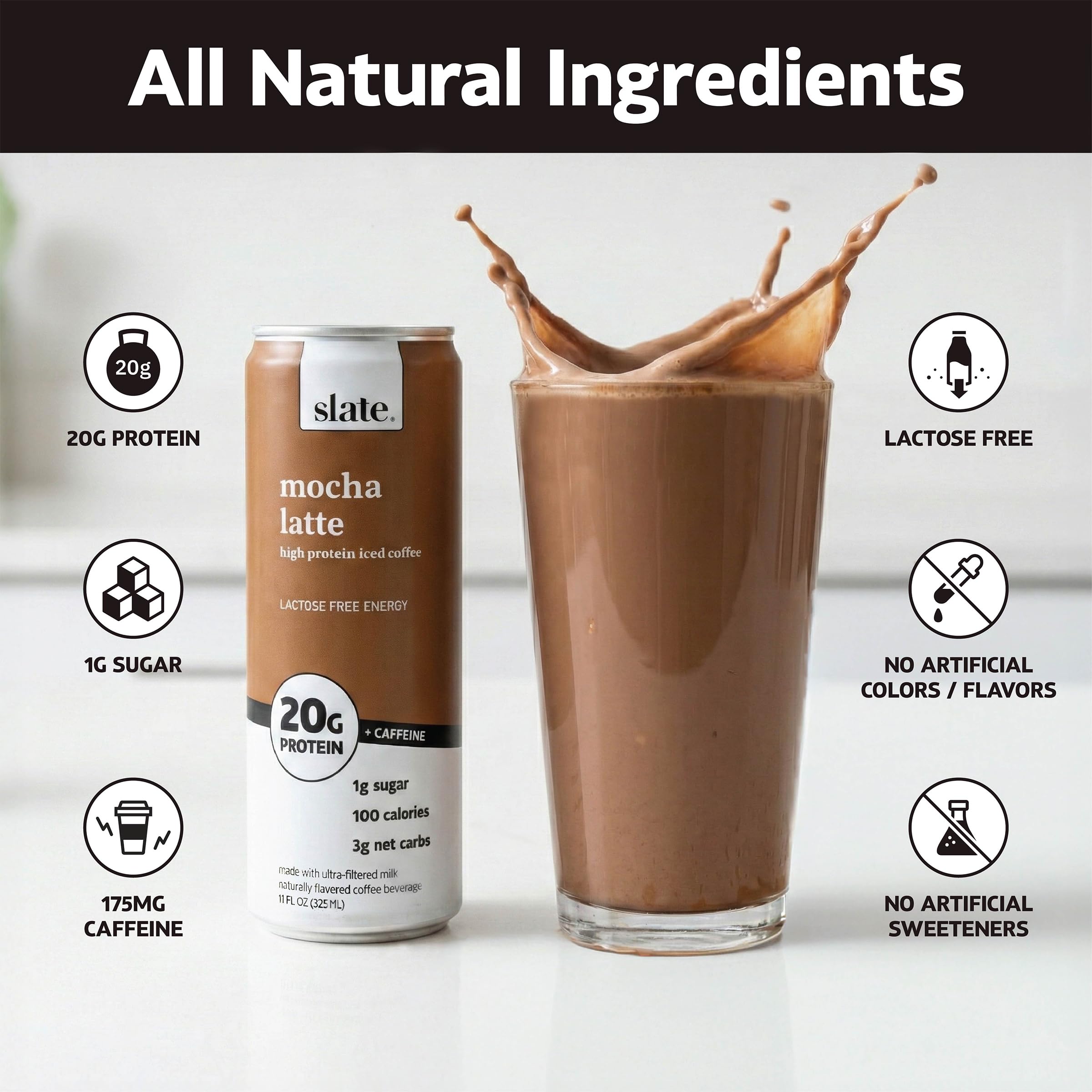 Slate mocha latte can close-up highlighting rich coffee-chocolate flavor and 20g protein