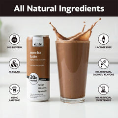 Slate mocha latte can close-up highlighting rich coffee-chocolate flavor and 20g protein