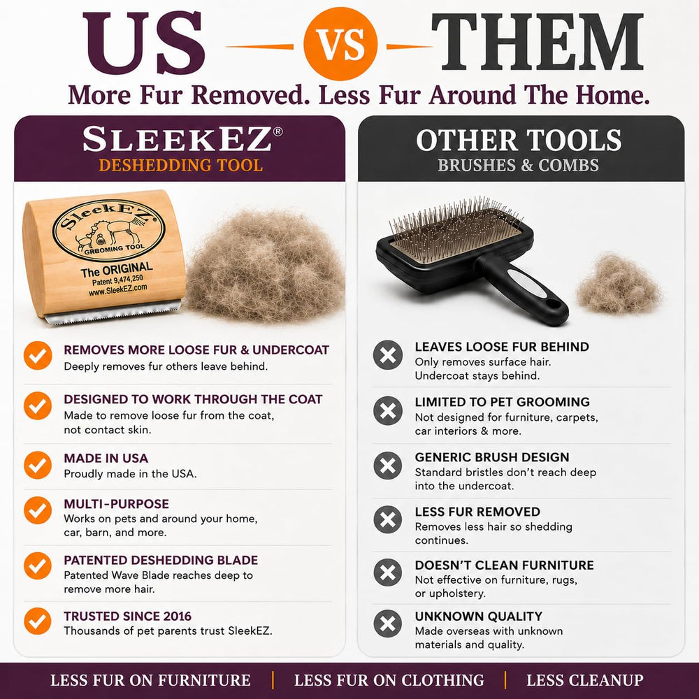 SleekEZ removing loose fur from a long-coated cat, less shedding
