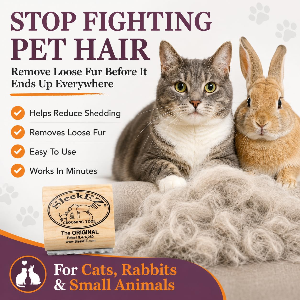 SleekEZ used on couch with cat for tidy, low-mess grooming