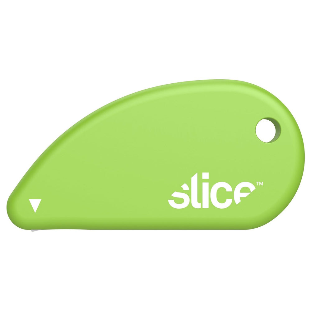 Slice micro safety cutter front view showing compact design and green color, safe handling benefit