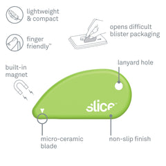 Slice micro safety cutter held in hand for scale, highlights portability and ease-of-use benefit