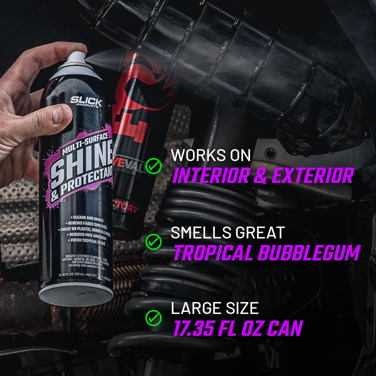 Slick Products hand applying spray to bumper demonstrating easy use and low-fling benefit