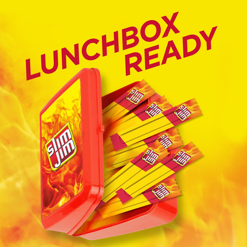 Slim Jim sticks in lunchbox with other items showing school or work snack practicality