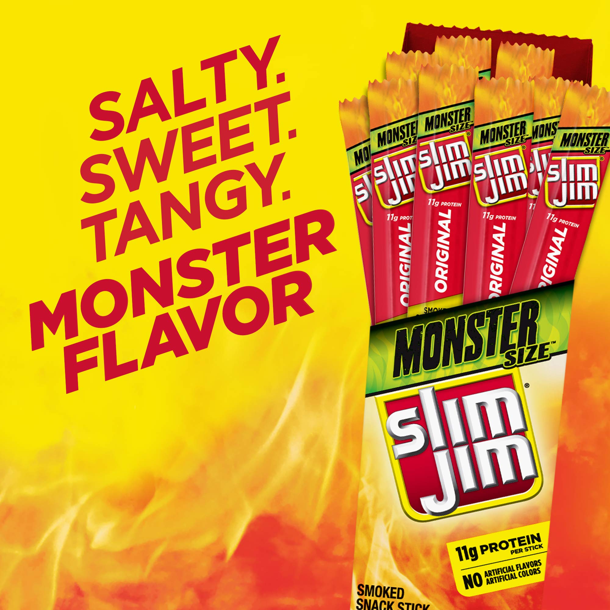 Slim Jim stick beside hand for size comparison showing Monster portion advantage