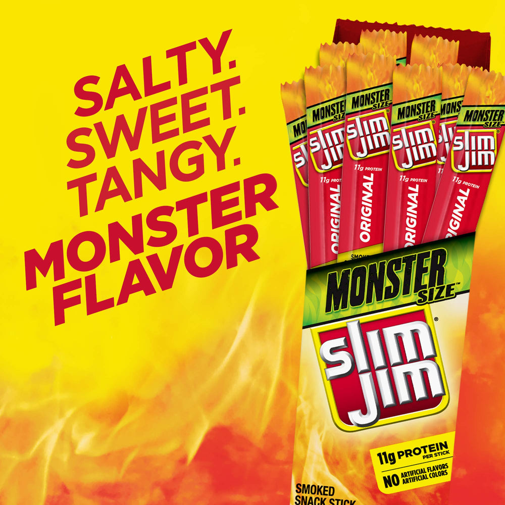 Slim Jim stick beside hand for size comparison showing Monster portion advantage