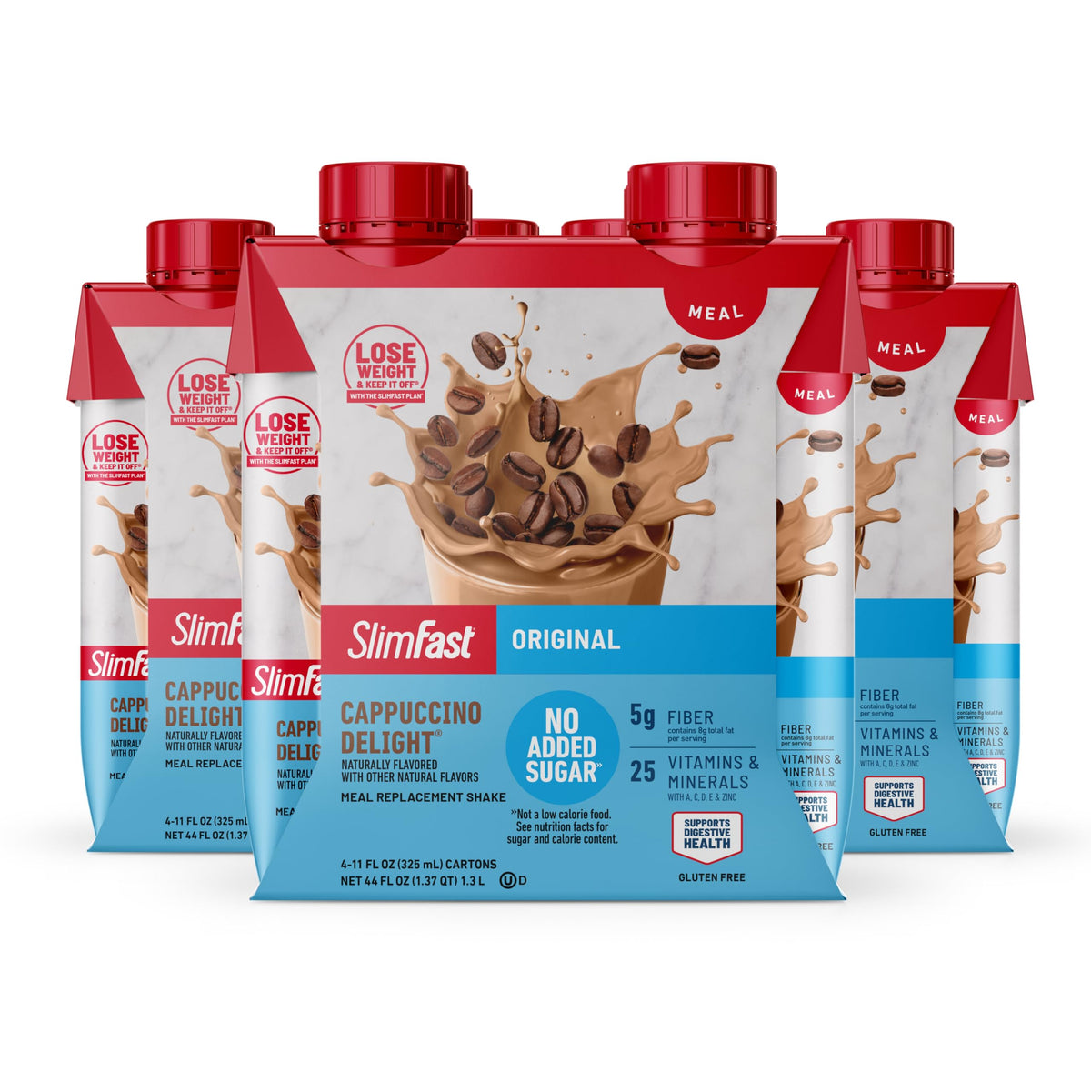SlimFast bottle front view showing Cappuccino Delight and benefits