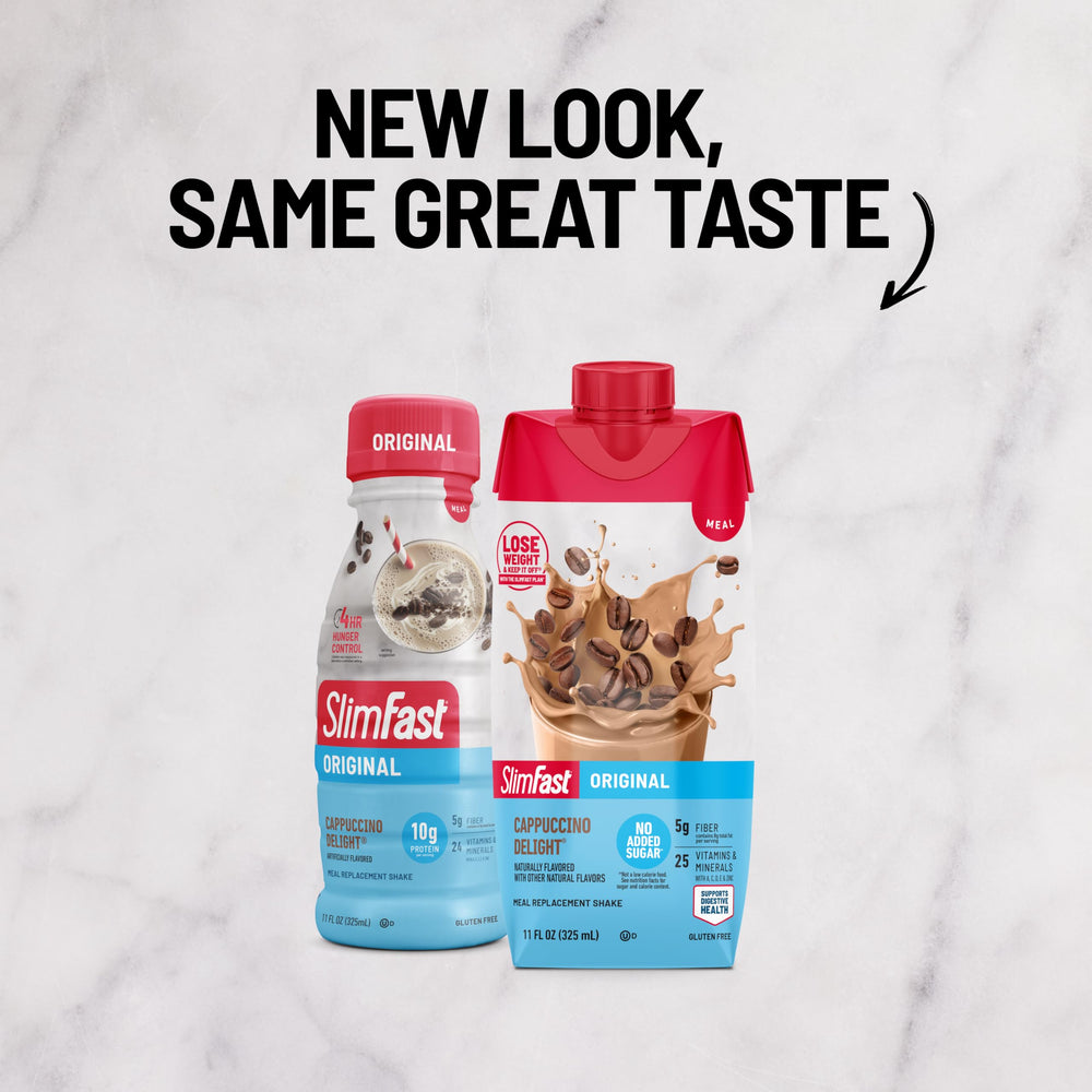SlimFast shake being poured to show smooth ready-to-drink texture
