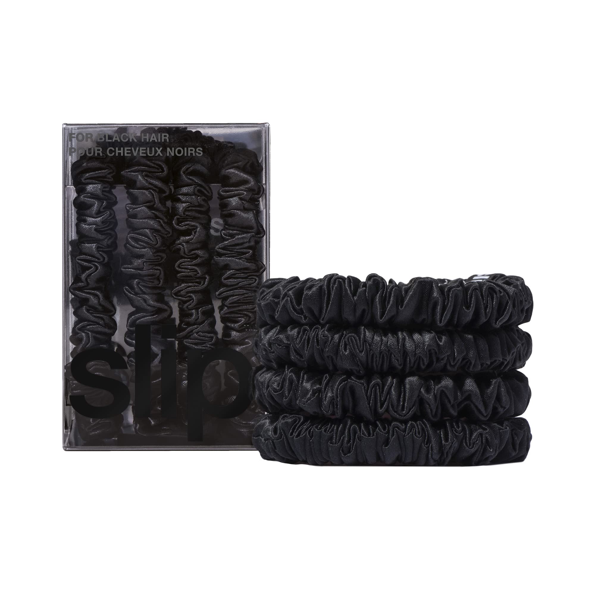 SLIP front packaging showing four black skinny silk scrunchies, refined presentation benefit