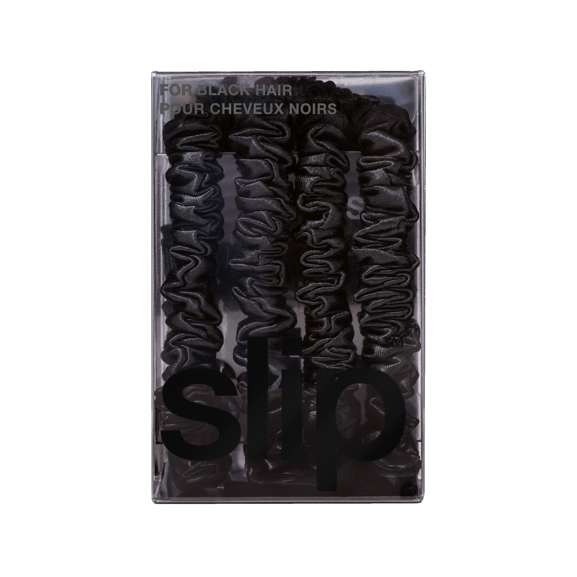 SLIP boxed gift set of four black silk scrunchies as a ready-to-gift solution benefit