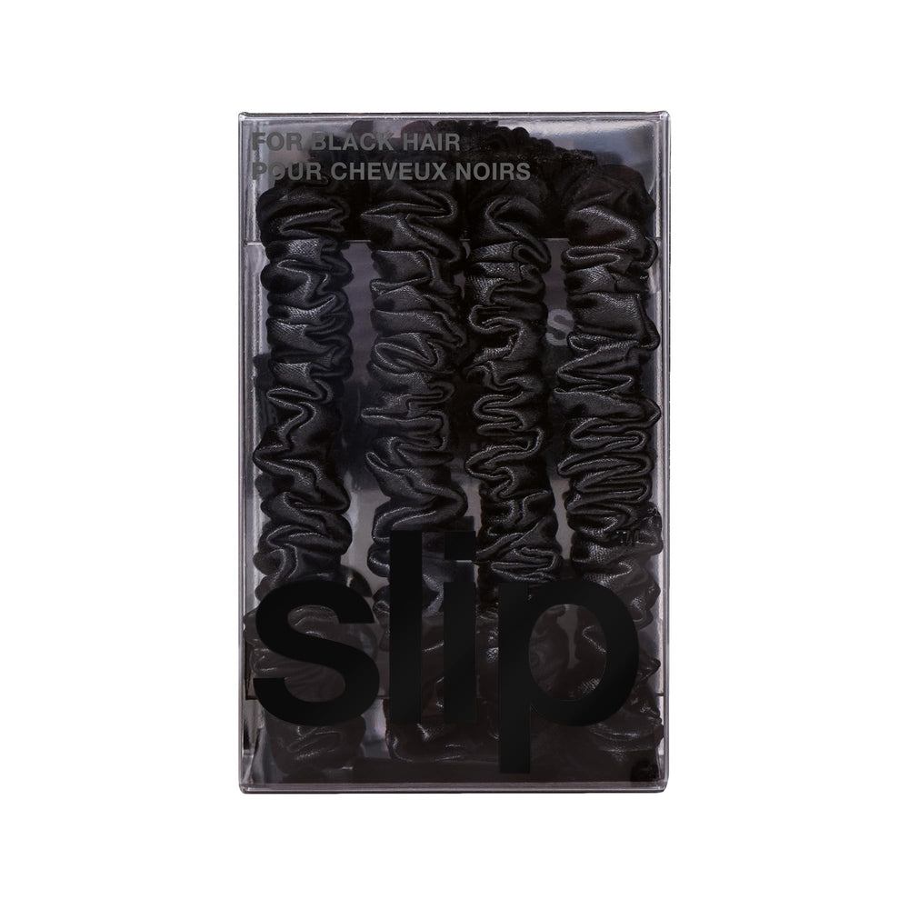 SLIP boxed gift set of four black silk scrunchies as a ready-to-gift solution benefit