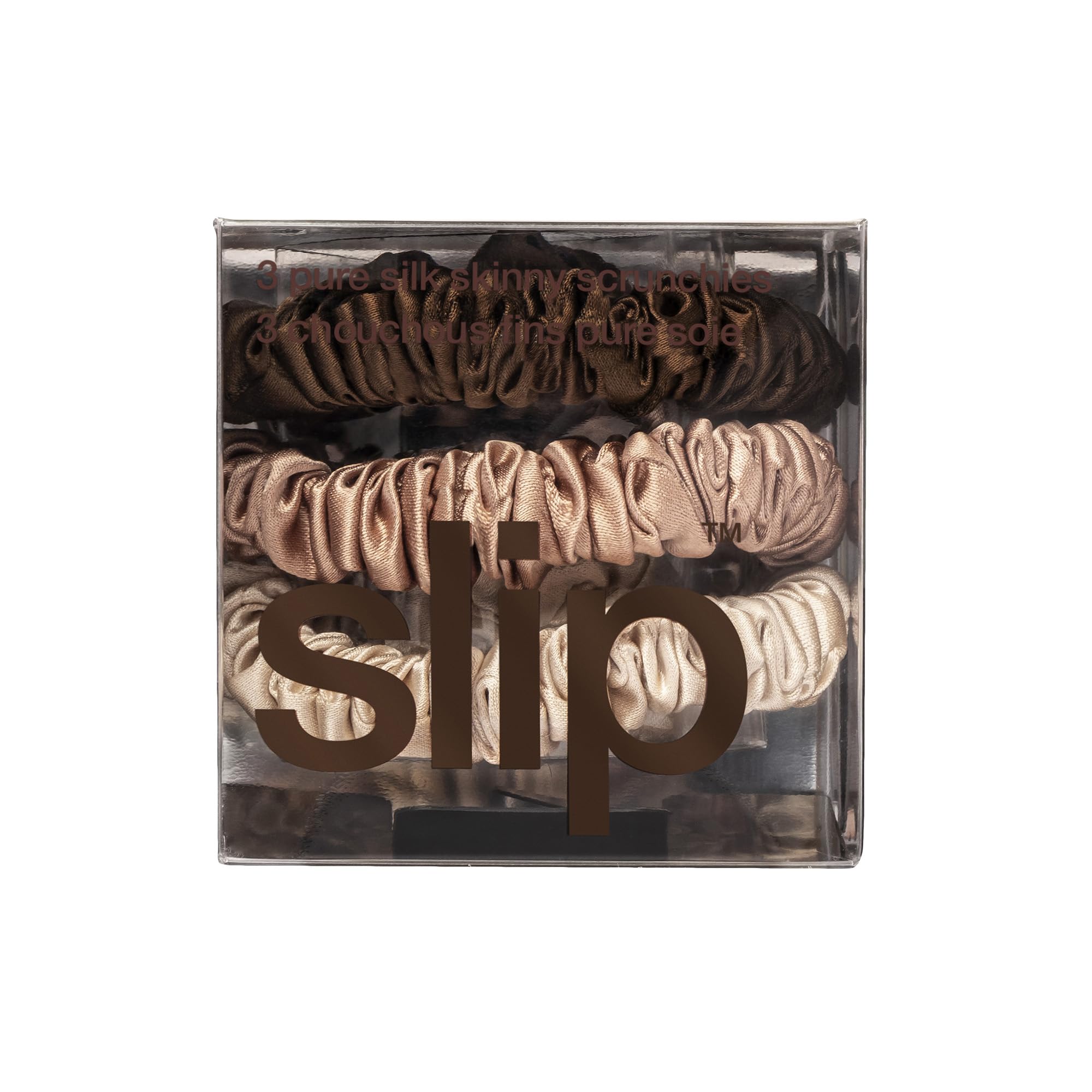 SLIP trio of silk scrunchies on white background highlighting discreet, natural tones