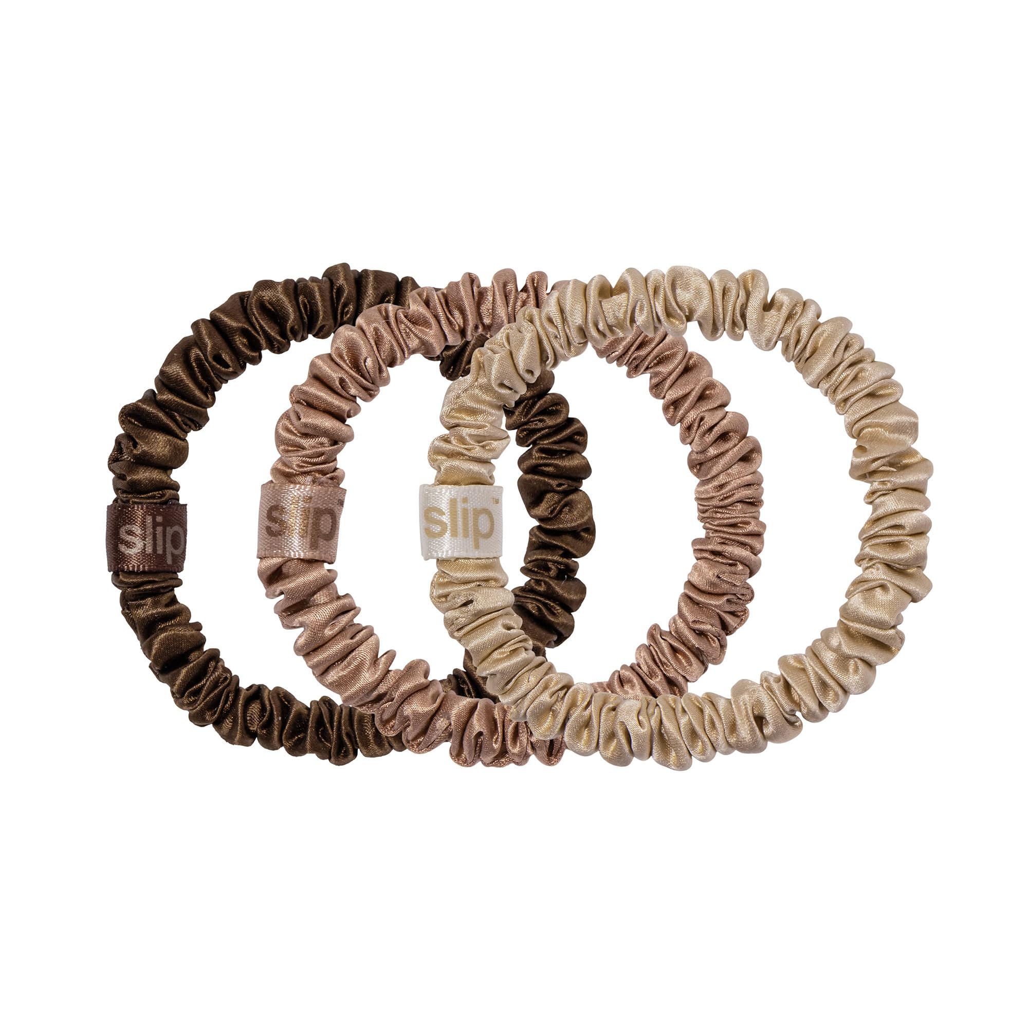 SLIP front view of three skinny silk scrunchies showing colors and neat hold benefit