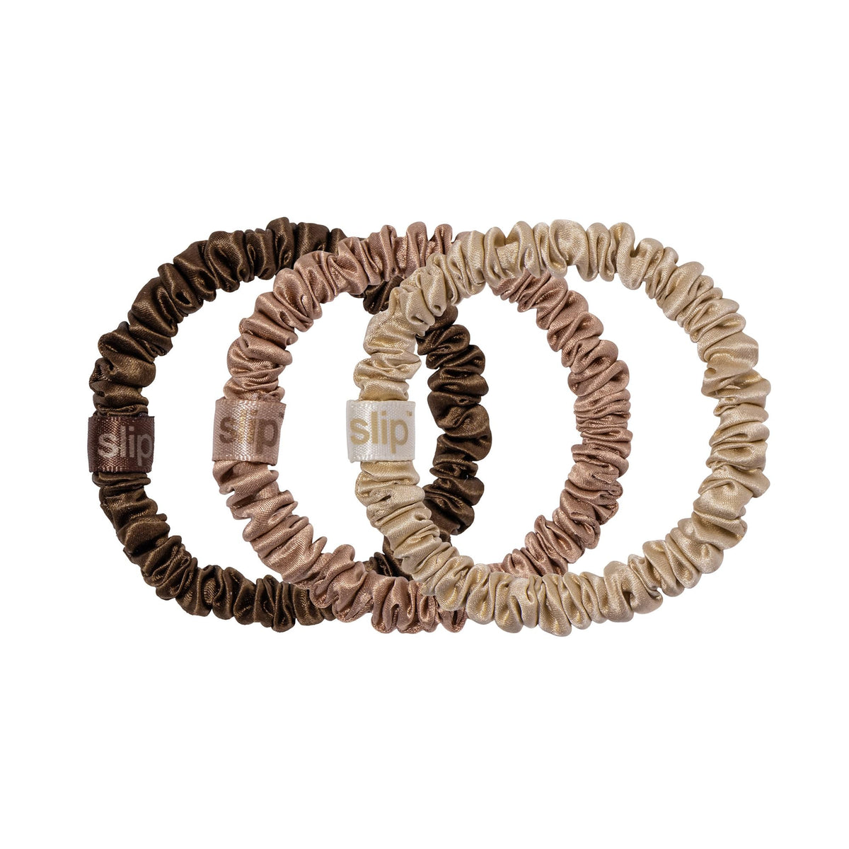 SLIP front view of three skinny silk scrunchies showing colors and neat hold benefit