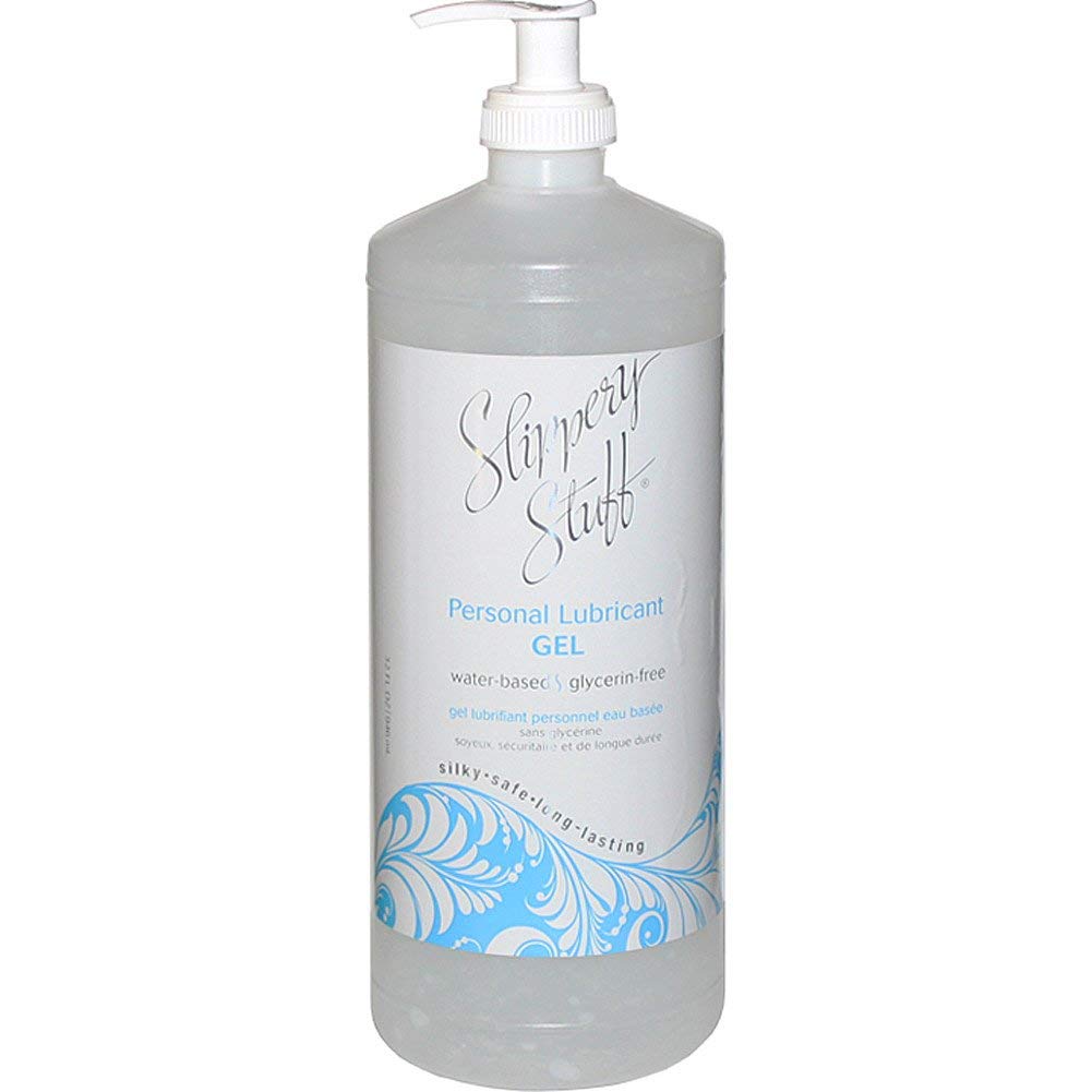 Slippery Stuff 32 oz pump bottle showing front label and dispenser for easy, hygienic use