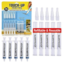 Slobproof front packaging showing five refillable touch-up paint pens and benefits