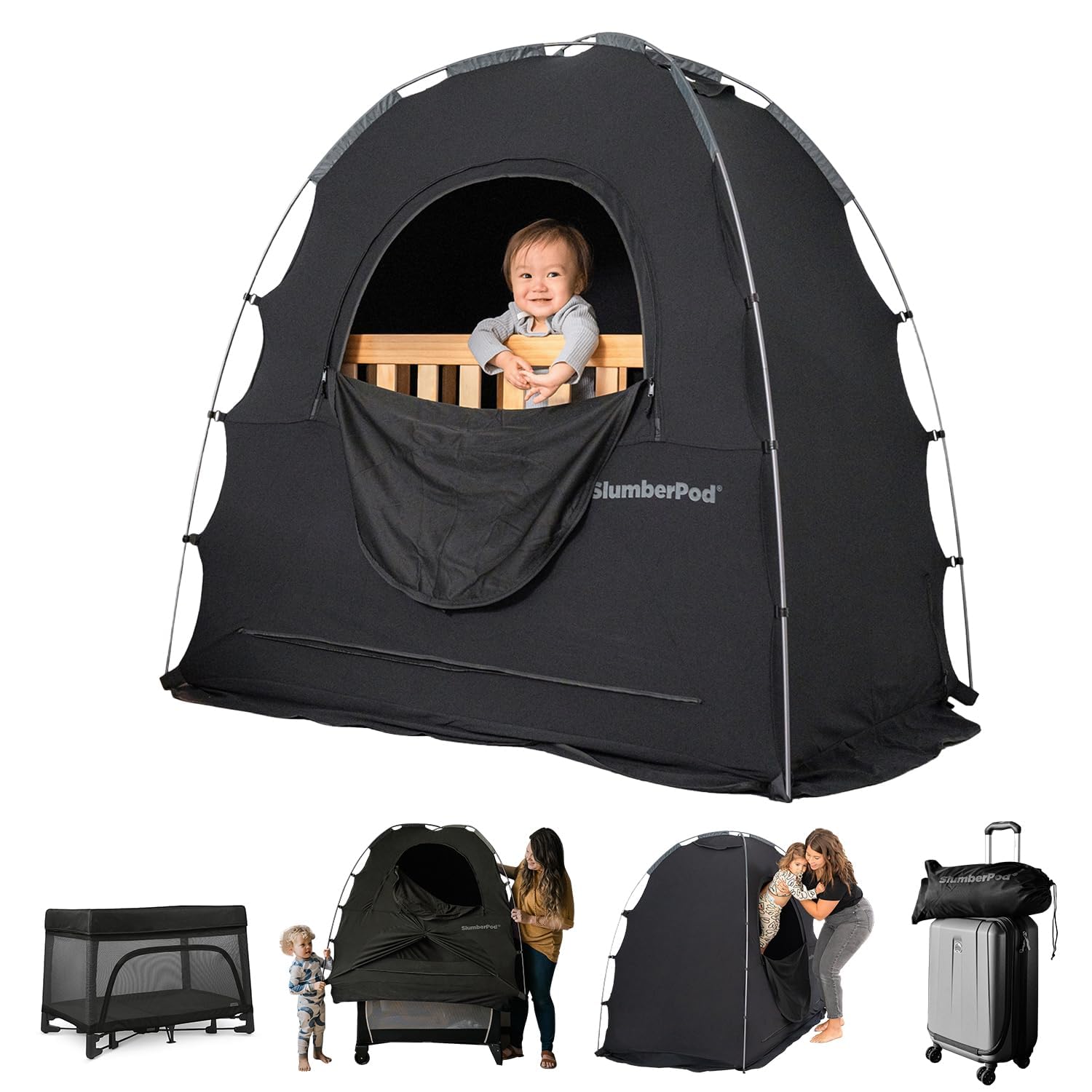 SlumberPod front view over pack n play showing private blackout space