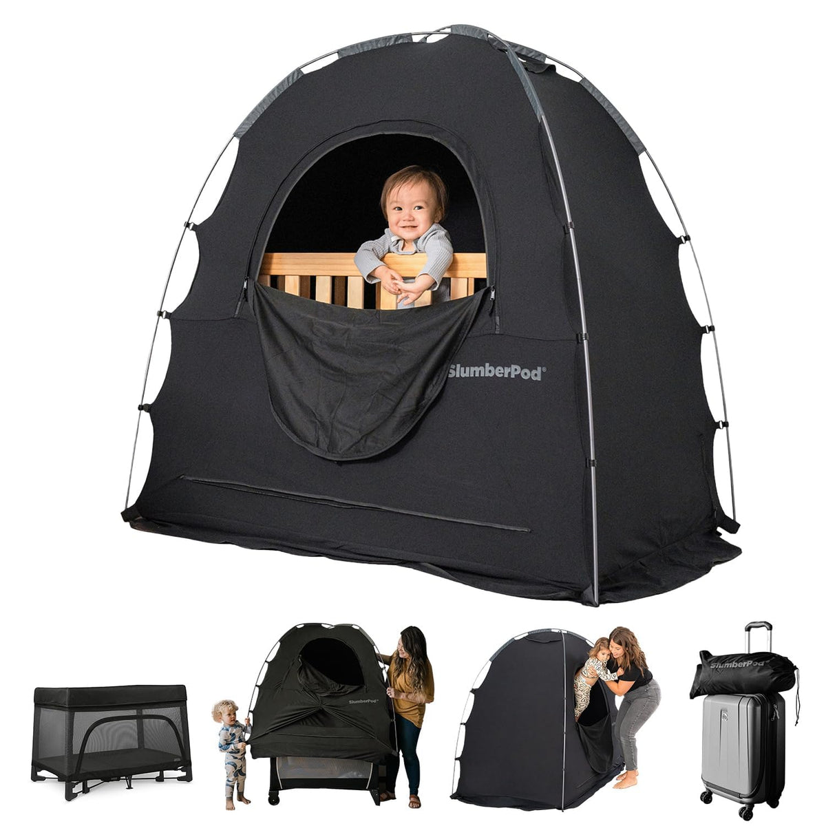 SlumberPod front view over pack n play showing private blackout space