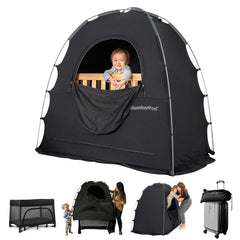 SlumberPod front view over pack n play showing private blackout space