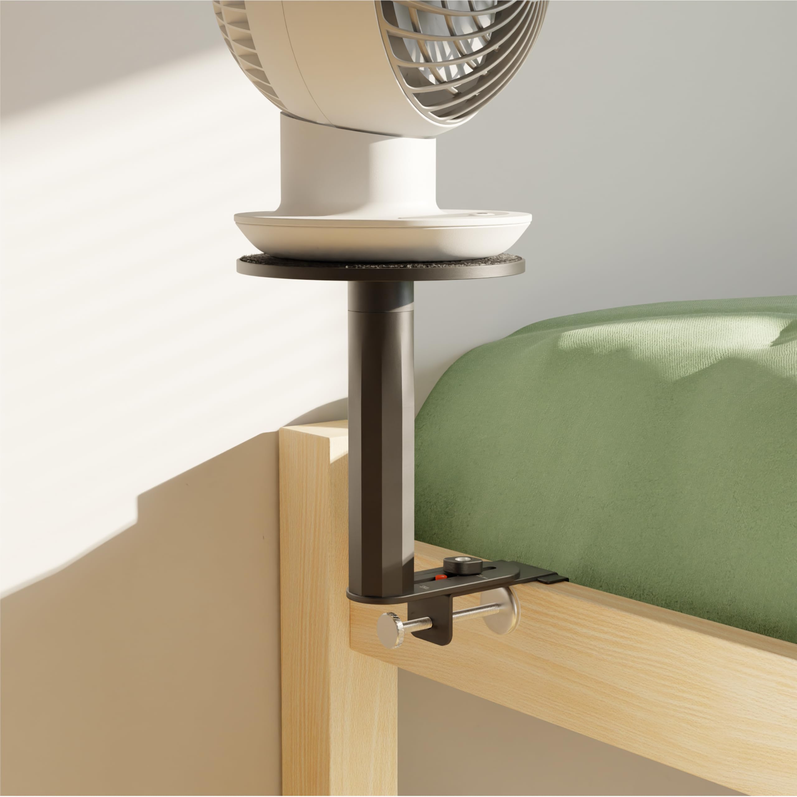Smallish FanShelfie front view mounted on bed rail showing compact design and secure hold