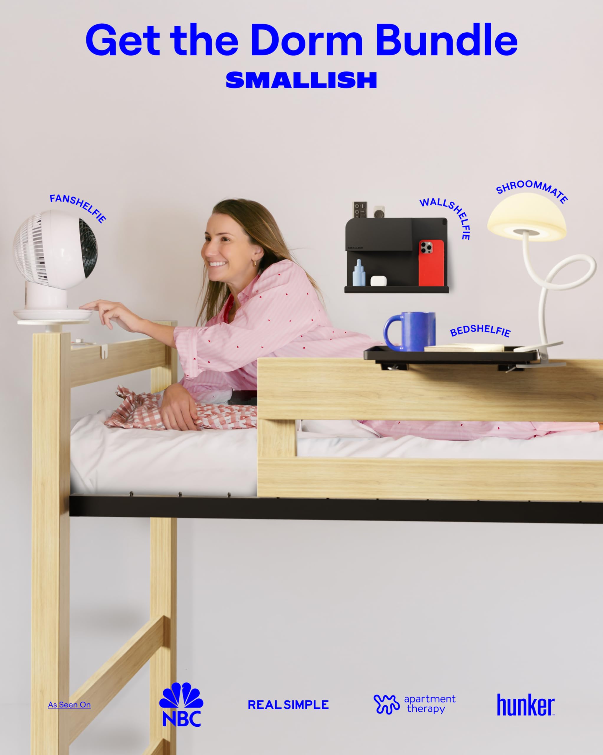 Smallish FanShelfie installed in a dorm room lifestyle scene showing space-saving benefit
