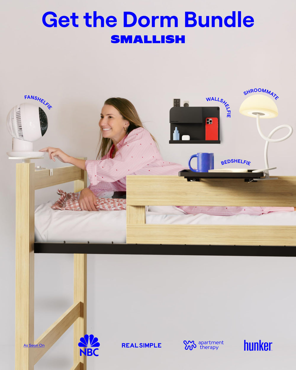 Smallish FanShelfie installed in a dorm room lifestyle scene showing space-saving benefit