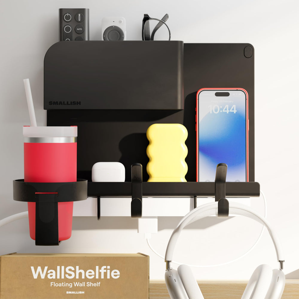 Smallish WallShelfie front view showing sleek black shelf and clean design benefits
