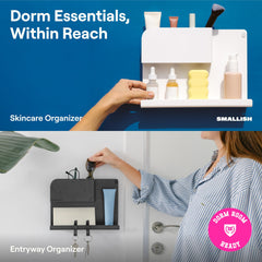 Smallish mounted shelf holding phone and charger demonstrating organized bedside benefit