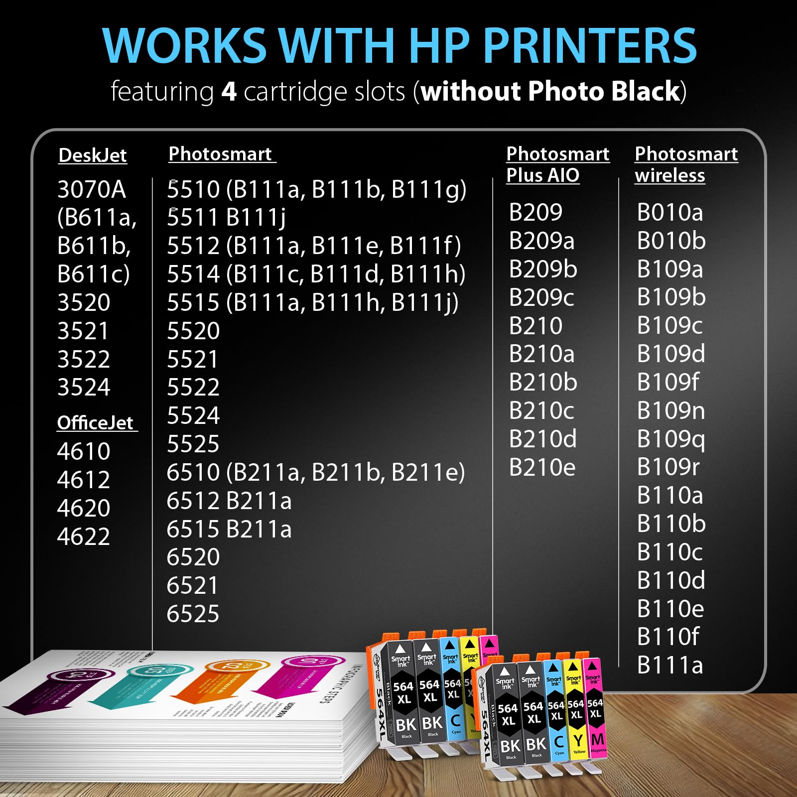 Smart Ink cartridges laid out to display four black and six color XL supplies