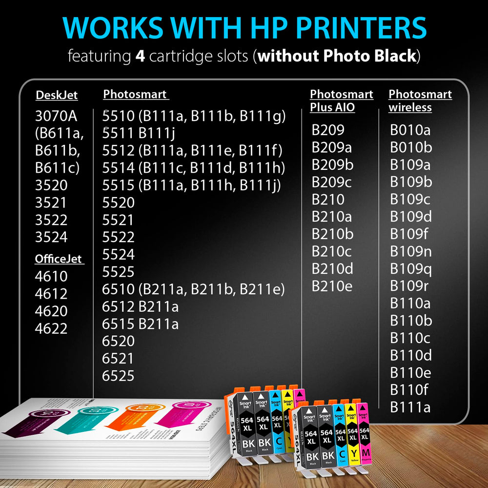 Smart Ink cartridges laid out to display four black and six color XL supplies