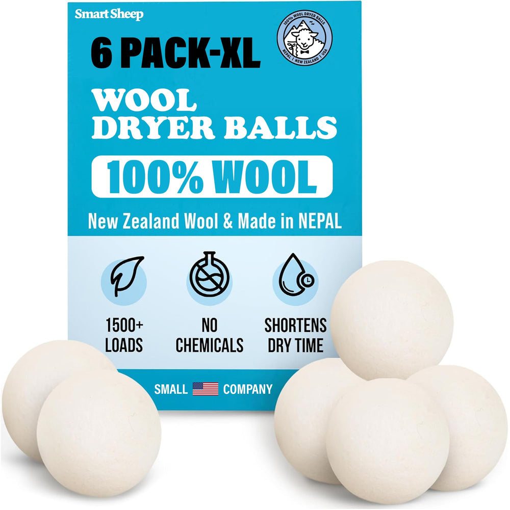 Smart Sheep front packaging showing six XL wool dryer balls and eco benefits