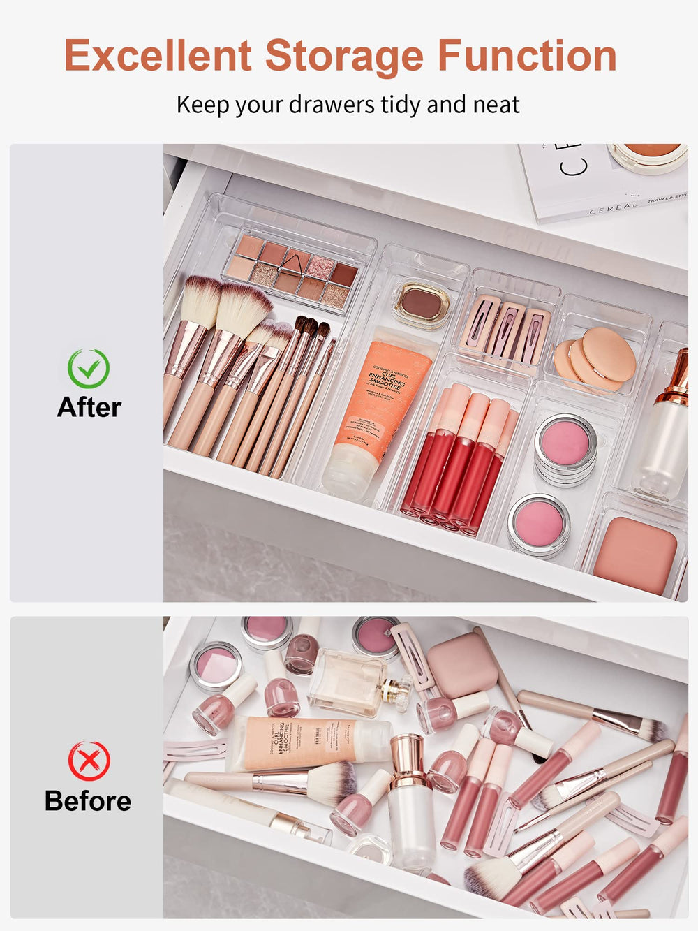 SMARTAKE drawer layout in a bedroom vanity organizing makeup for faster morning routines