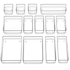 SMARTAKE front view of clear 13-piece organizer showing all tray sizes and tidy benefit