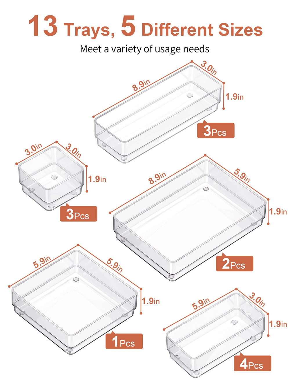 SMARTAKE top-down layout displaying the five tray sizes for customizable organization