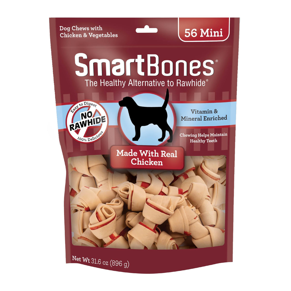 SmartBones front packaging showing 56-count bag and benefits