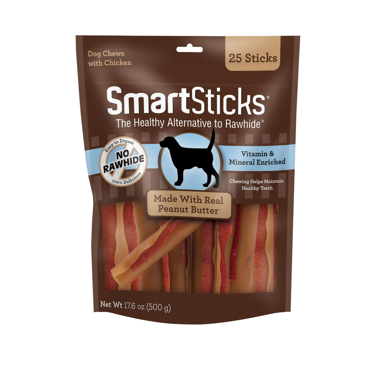 SmartBones front packaging showing peanut butter sticks and benefits
