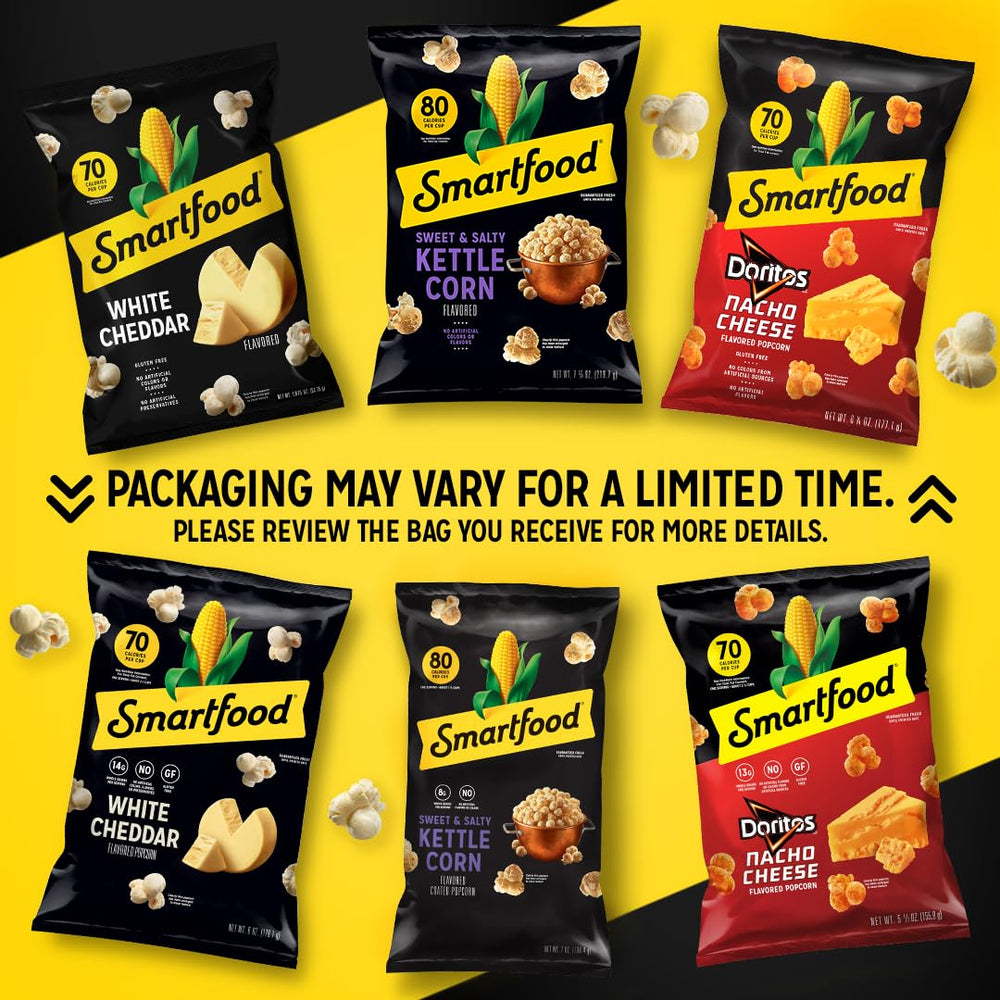 Smartfood bulk box with stacked single-serve packs illustrating value and ready pantry storage