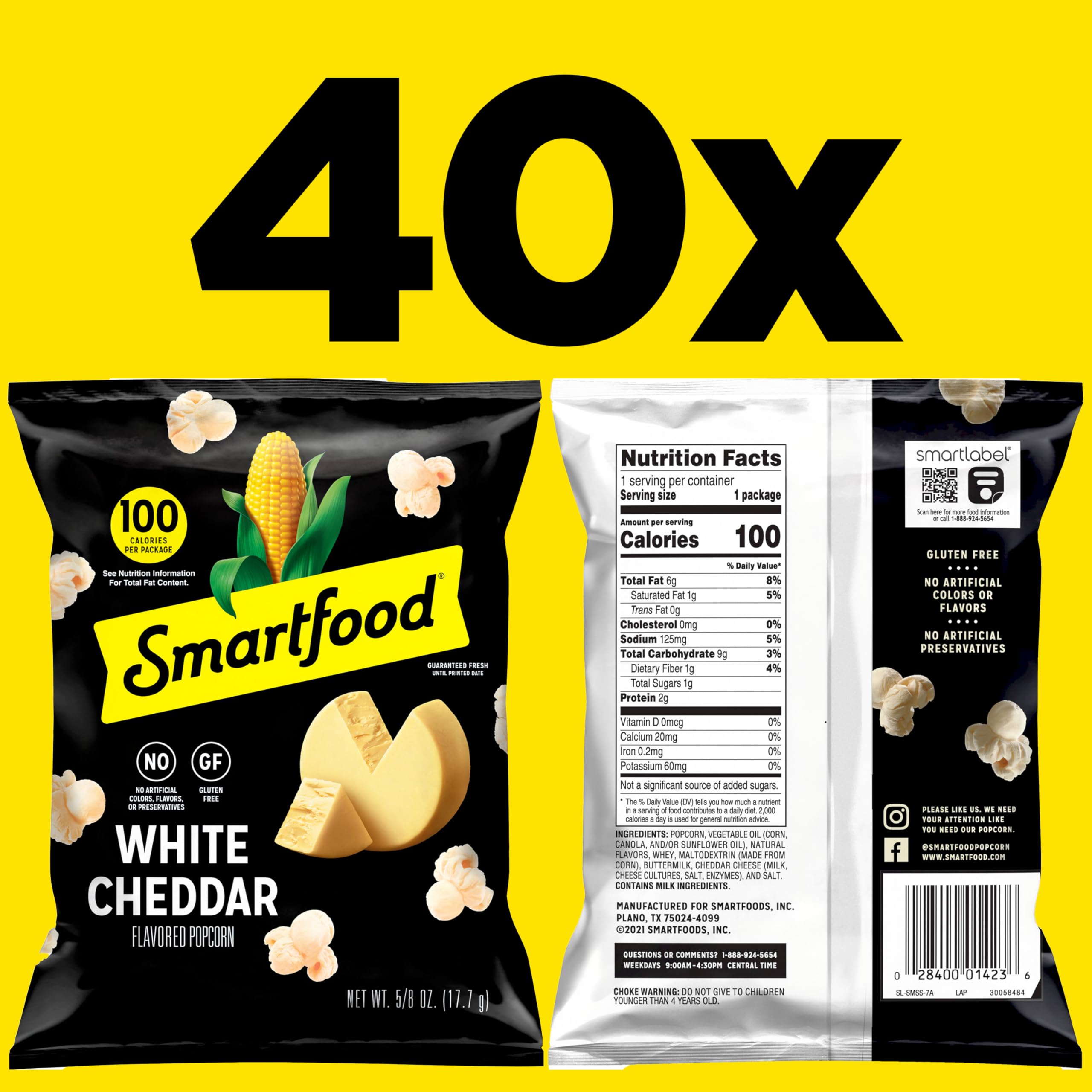 Smartfood close-up of a single bag label highlighting white cheddar flavor and ingredients