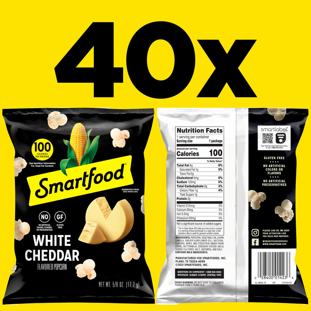 Smartfood close-up of a single bag label highlighting white cheddar flavor and ingredients