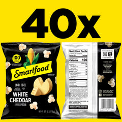 Smartfood close-up of a single bag label highlighting white cheddar flavor and ingredients