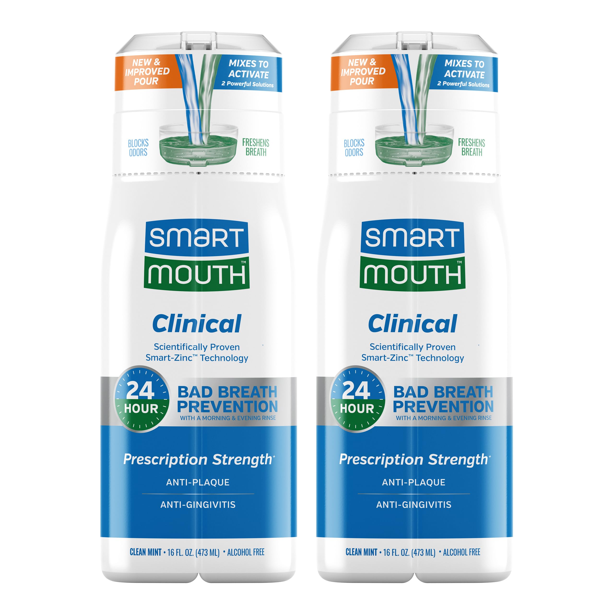 SmartMouth front packaging showing two 16 fl oz bottles and fresh breath benefit