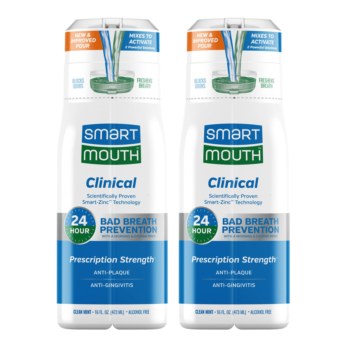 SmartMouth front packaging showing two 16 fl oz bottles and fresh breath benefit