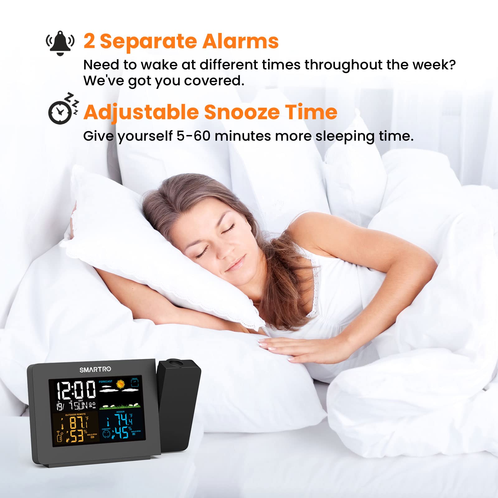 SMARTRO SC91 on bedside table in bedroom lifestyle shot promoting comfortable nights