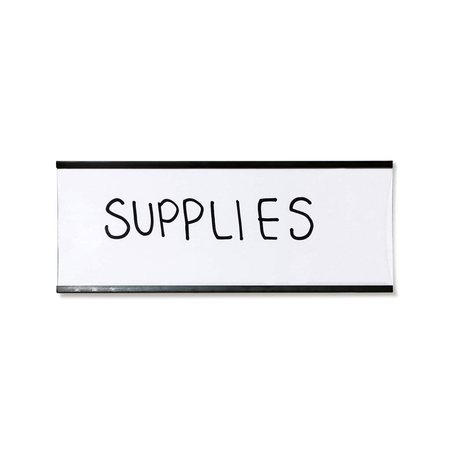 SmartSign holder attached to metal shelf showing strong magnet adhesion and organized rows