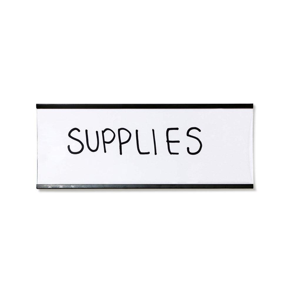 SmartSign holder attached to metal shelf showing strong magnet adhesion and organized rows