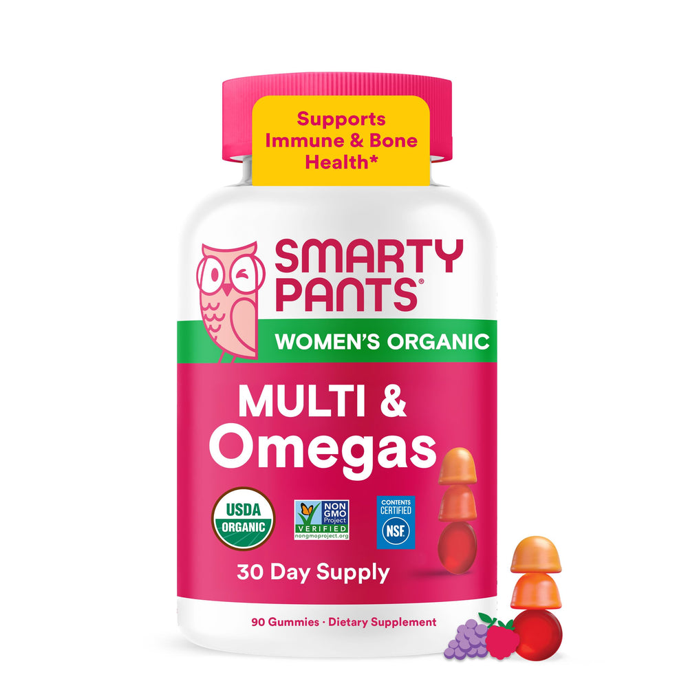 SmartyPants bottle front view showing multivitamin branding and count, clear benefit of easy daily use