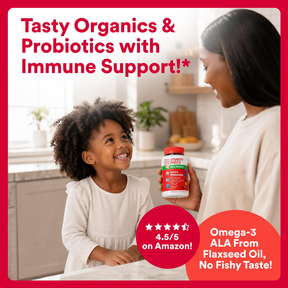 SmartyPants jar on family breakfast table, integrates supplement into daily routine
